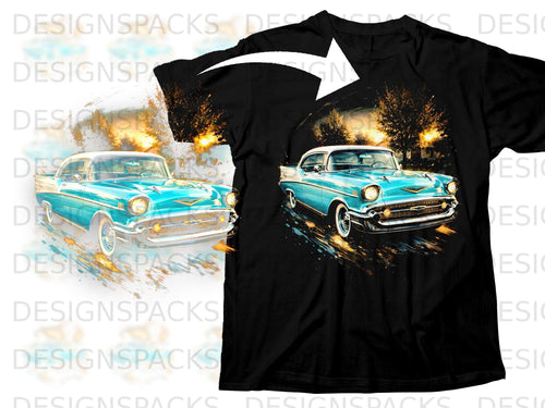 Black t-shirt featuring a watercolor-style graphic of a vintage teal Chevrolet Bel Air.