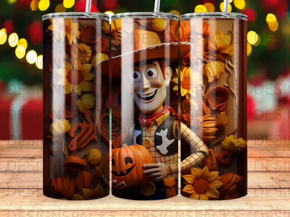 Woody from Toy Story holding a carved pumpkin, surrounded by fall leaves.
