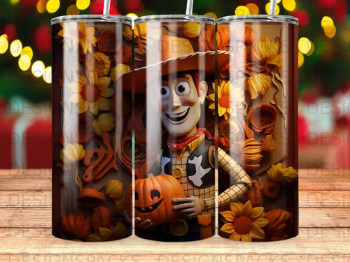 Woody from Toy Story holding a carved pumpkin, surrounded by fall leaves.
