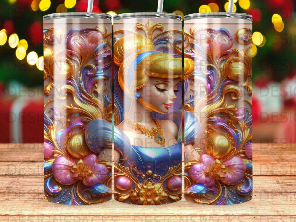 Cinderella in blue dress surrounded by ornate floral gold swirls and jewels.