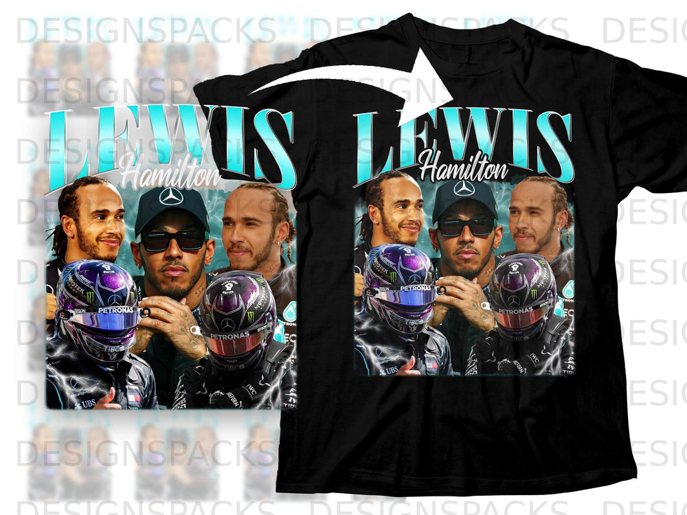 Lewis Hamilton graphic on black t-shirt with multiple images of the driver.