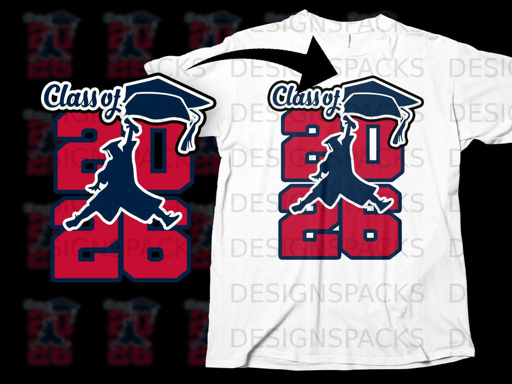 "Class of 2026" design with graduation cap and silhouette on a white t-shirt.