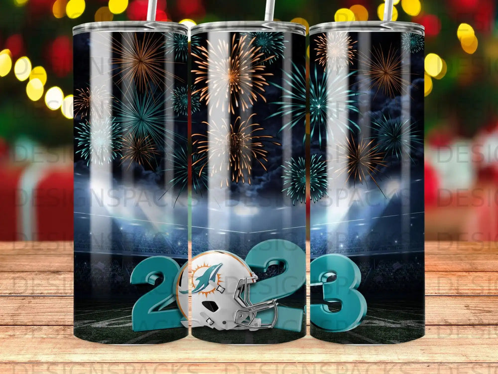 Miami Dolphins 2023 logo and fireworks over stadium.