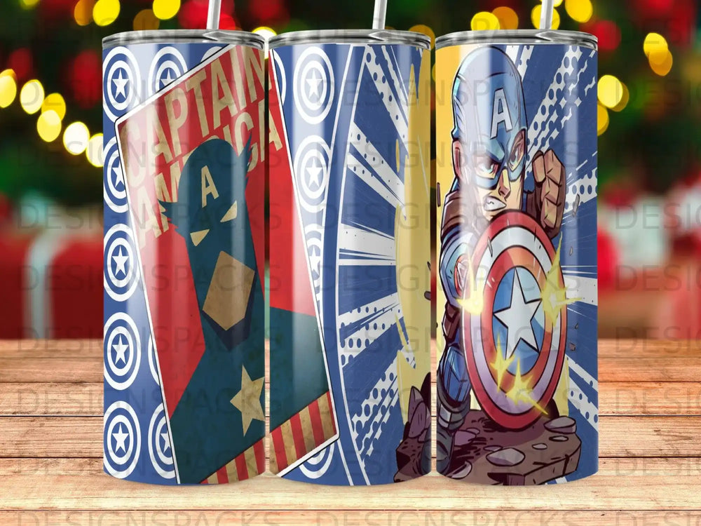 Captain America shield and helmet design on a cylindrical tumbler.