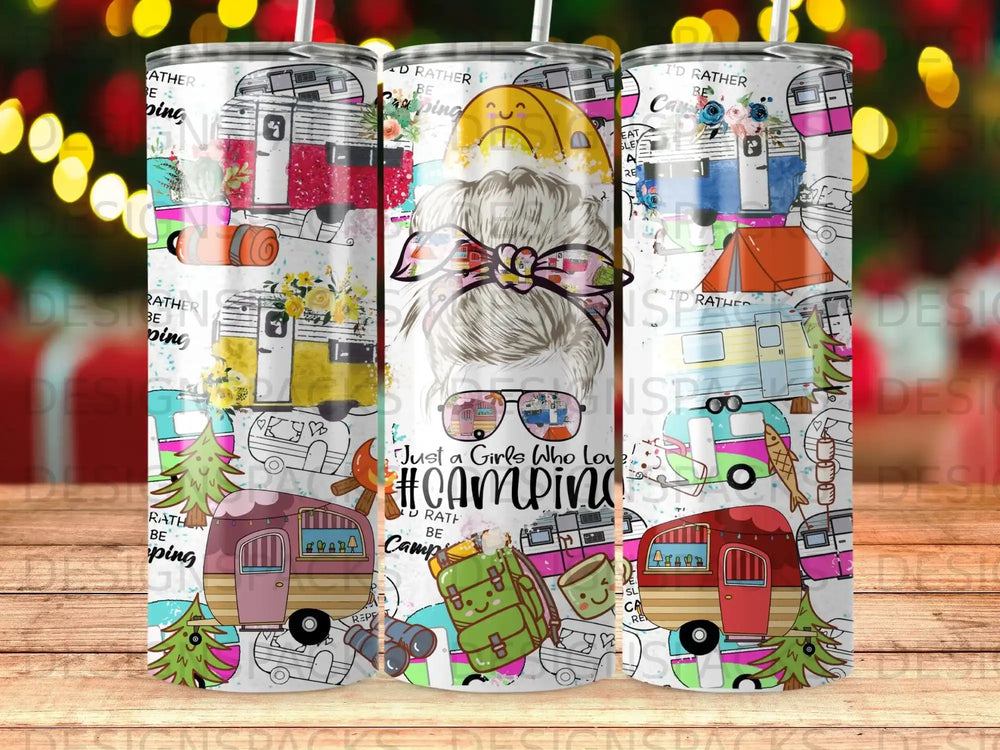 Tumbler with a messy bun girl and #camping text surrounded by illustrations.