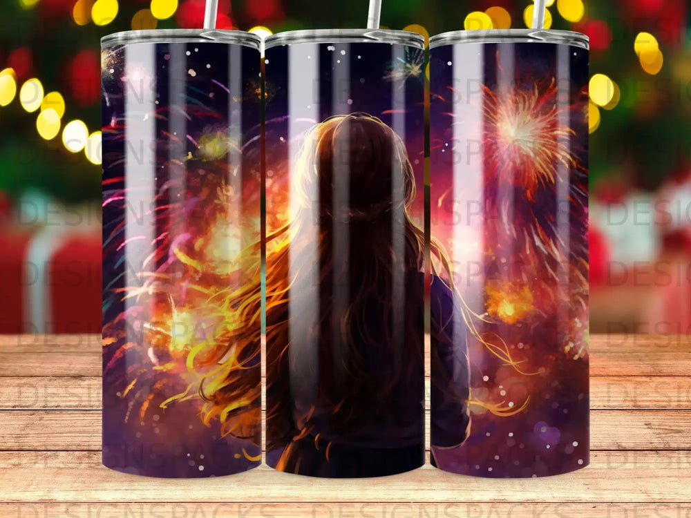 Woman watching fireworks display from behind.