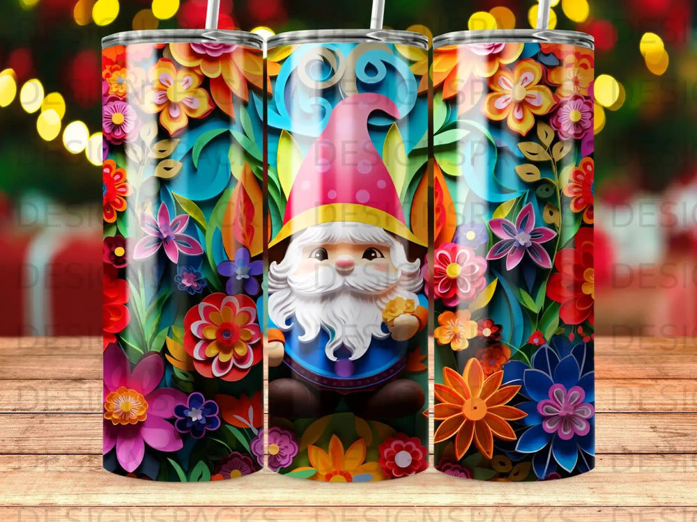 Gnome with colorful flowers and leaves design on a tumbler.