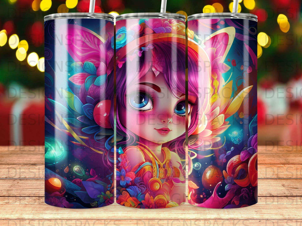 Animated character with wings and floral accents on a dark, bokeh background.
