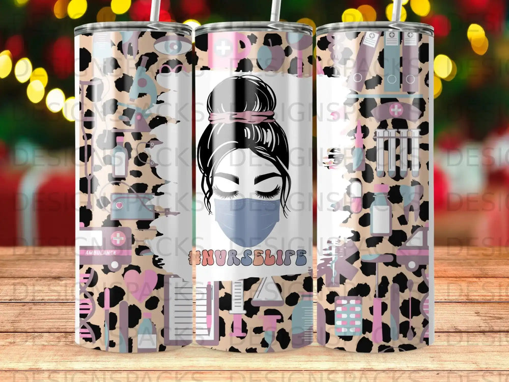 Nurse life tumbler with leopard print and medical icons.