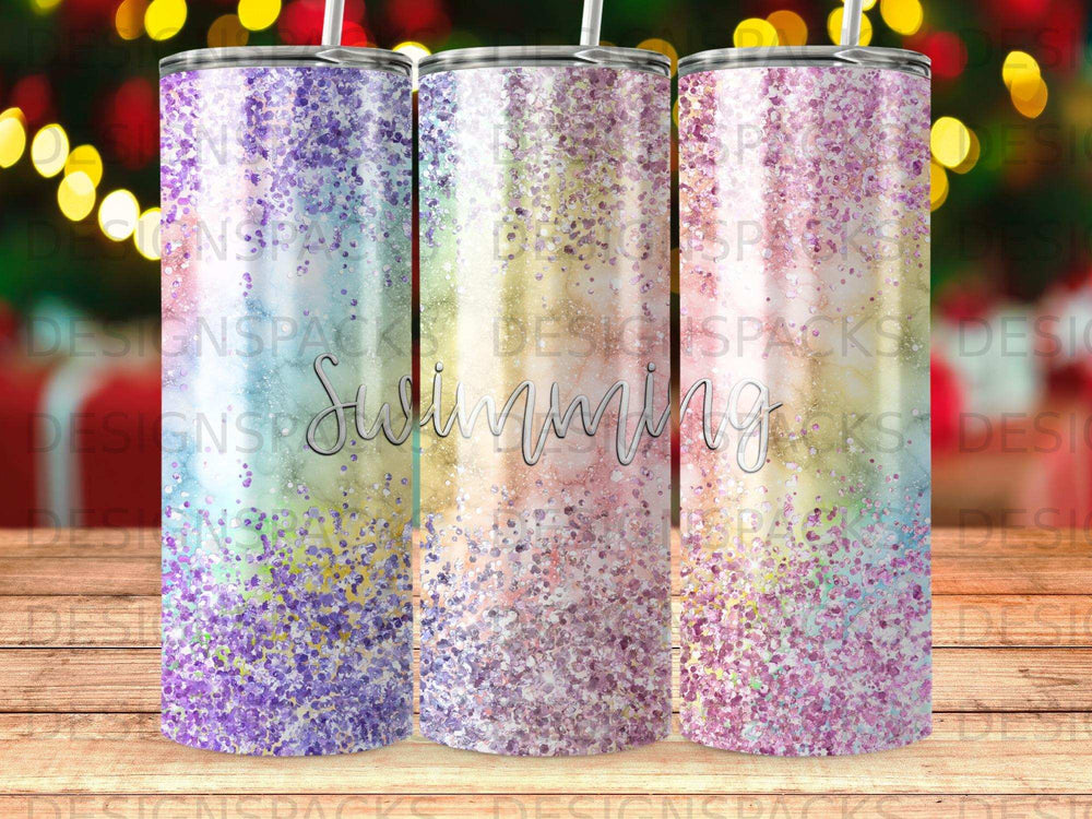 Glittery tumbler with "Swimming" text against a rainbow background.