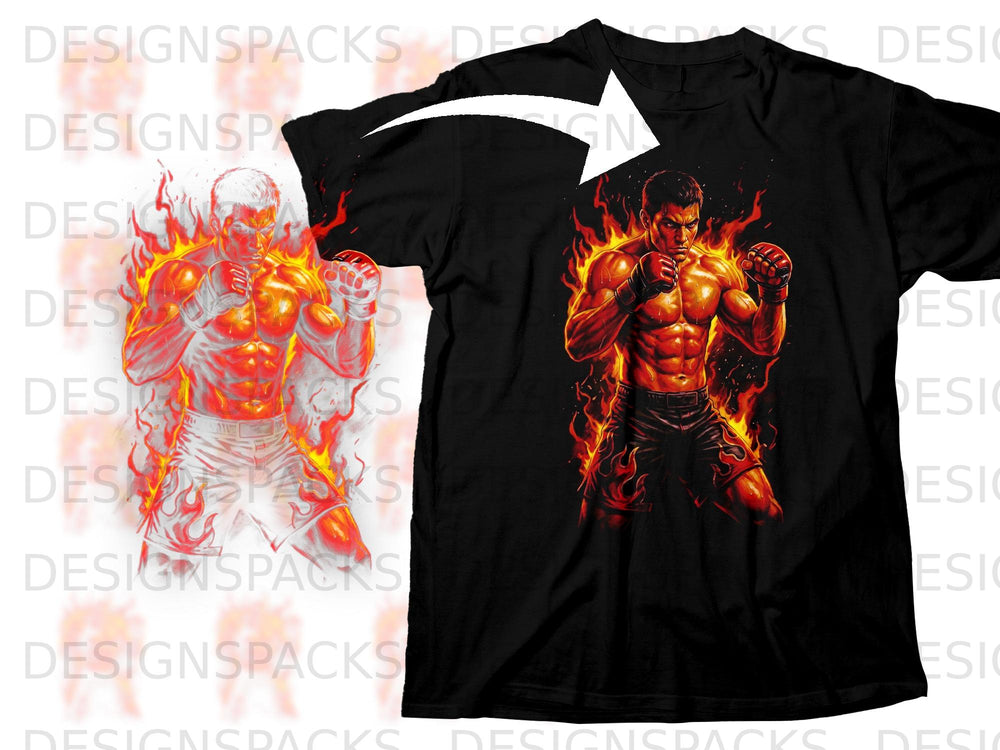 Black t-shirt with graphic of a muscular fighter surrounded by flames.