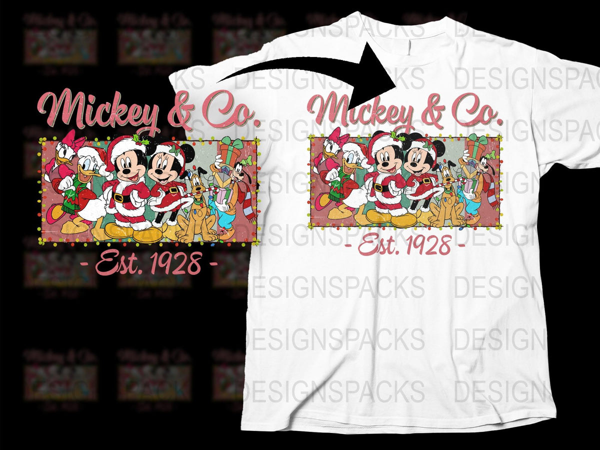 Mickey and Co Christmas T-Shirt, Vintage Disney Character Holiday Tee, Est. 1928 Festive Apparel