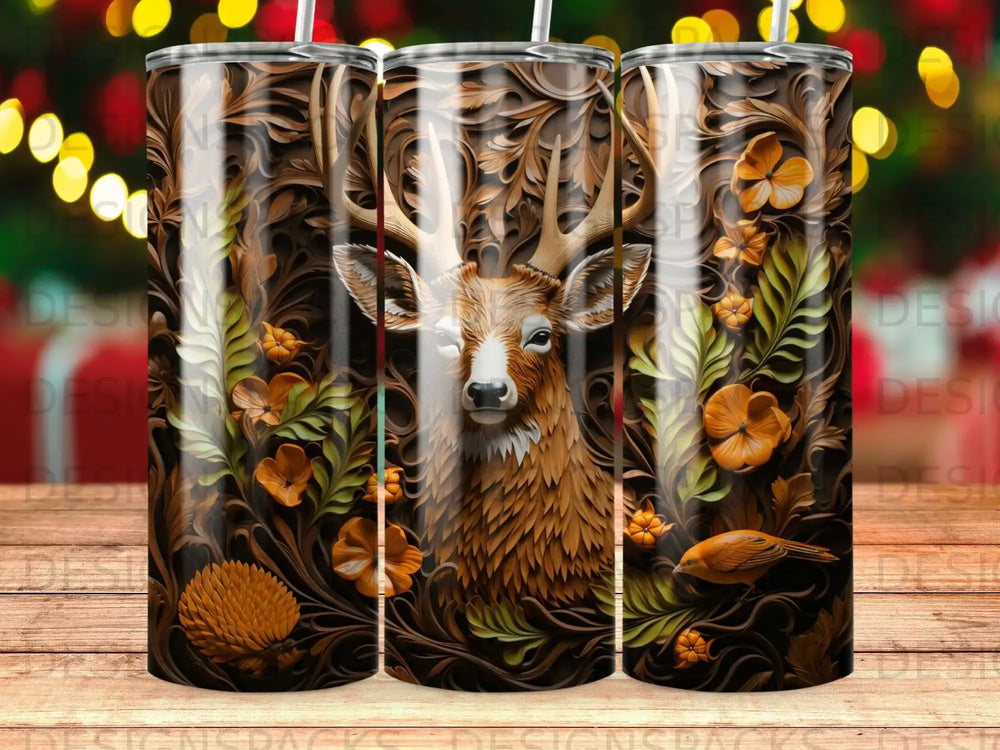 Deer and floral design on a brown tumbler.