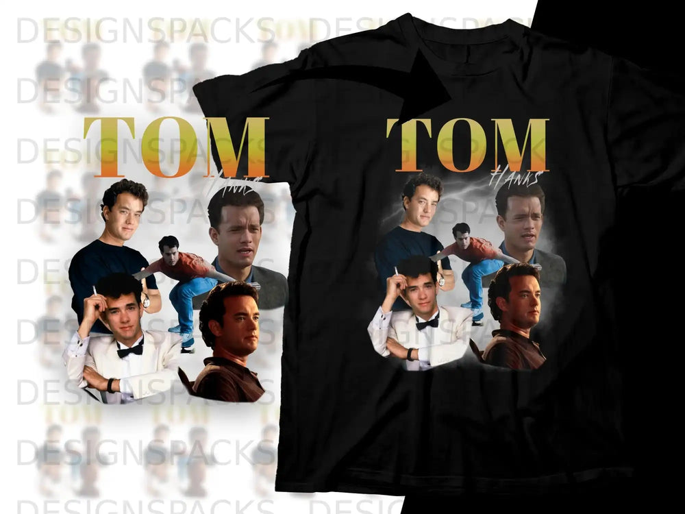 T-shirt with collage of Tom Hanks portraits and "TOM HANKS" text.