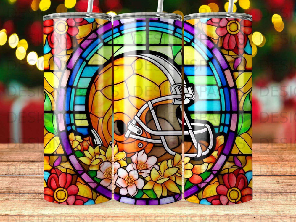 Stained glass design featuring a football helmet and floral accents.