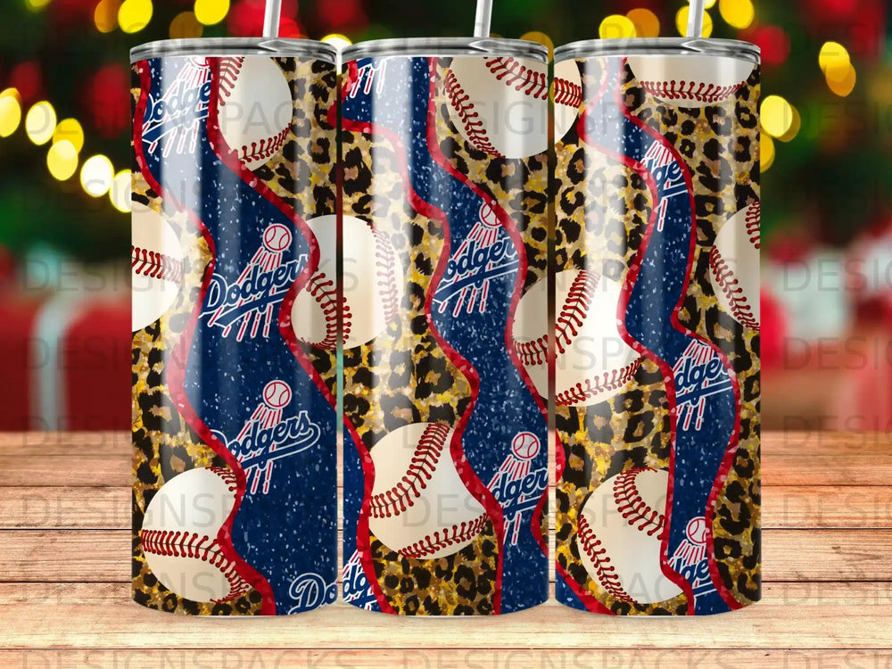 Dodgers baseball, leopard print, and wavy blue lines on a tumbler design.