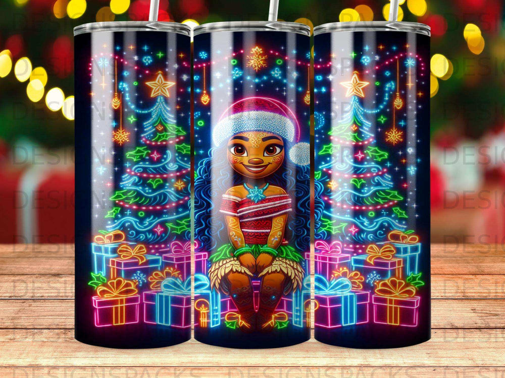 Tiki-themed Santa girl with neon Christmas trees and gift boxes.