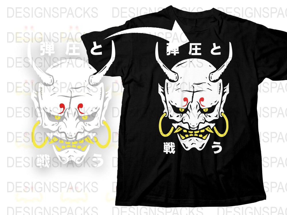 Japanese Oni Demon Mask Graphic T-Shirt, Traditional Tattoo Style Tee, Unisex Black Shirt, Urban Streetwear, Unique Gift Idea