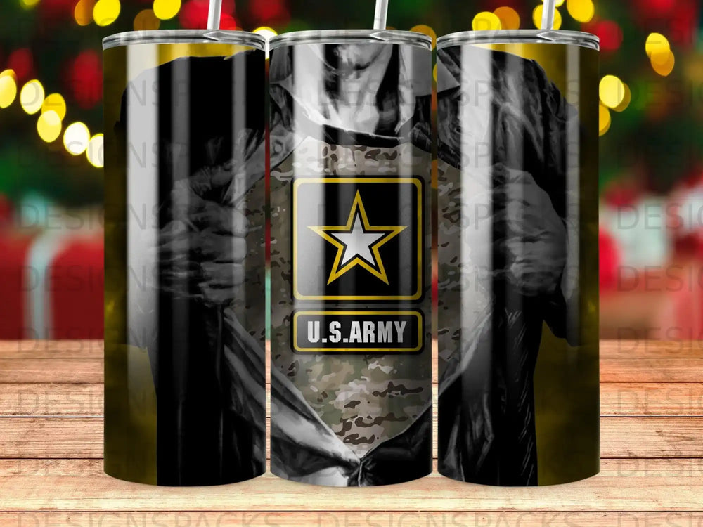 Tumbler with U.S. Army logo and camouflage pattern.