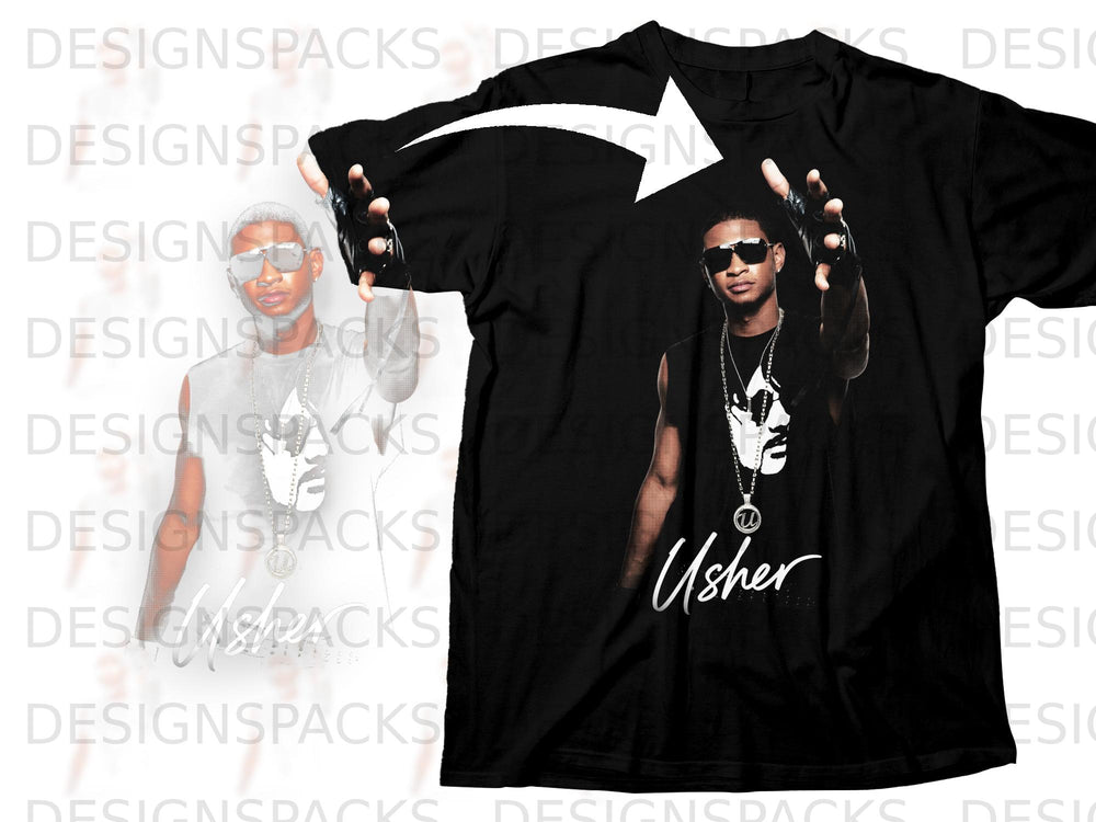Black t-shirt with a graphic of Usher wearing sunglasses and a necklace.