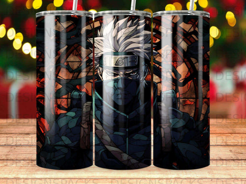 Kakashi Hatake from Naruto in stained glass style on a tumbler.