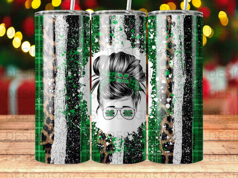 Green, black, and white plaid tumbler with leopard print and messy bun graphic.