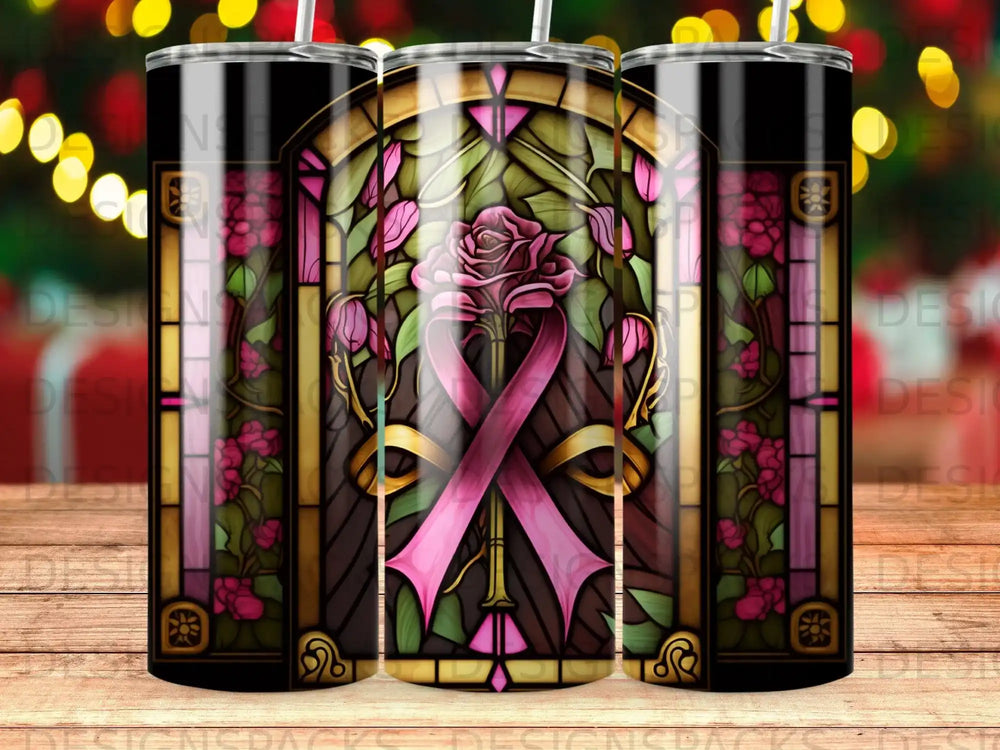 Stained glass tumbler with pink rose and awareness ribbon design.