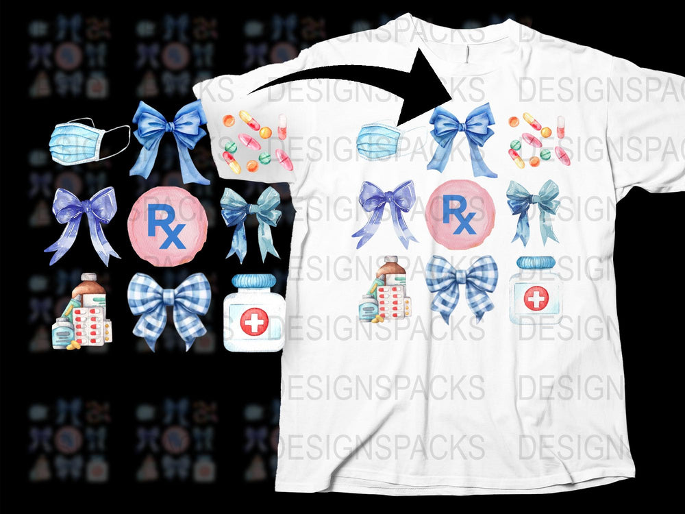Pharmacy Theme T-Shirt, Face Mask, and Hair Bow Set - Cute Medical Icons, Pill Bottles, Prescription Designs