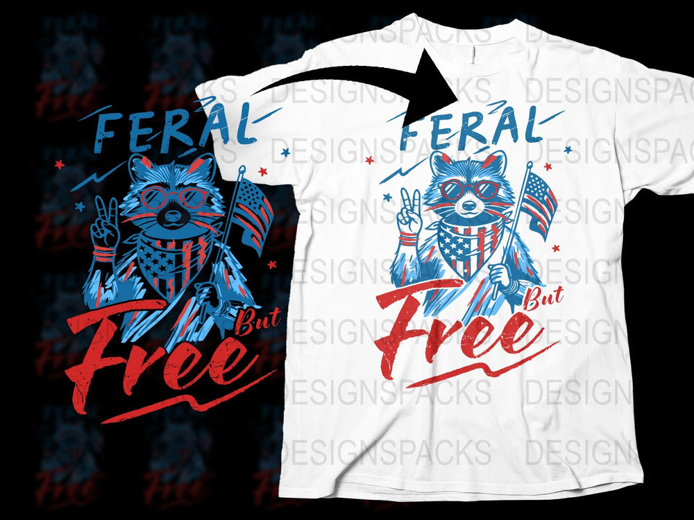 Patriotic Raccoon T-Shirt, Feral But Free Graphic Tee, Red White and Blue, American Flag