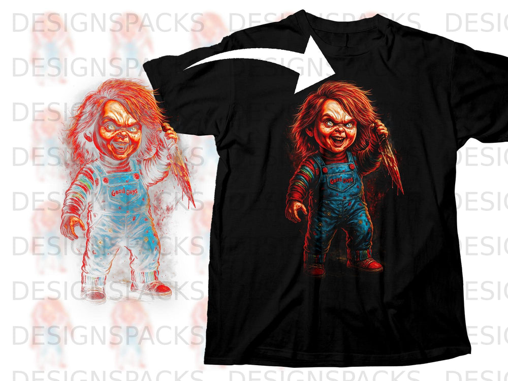 Chucky doll in overalls holding a bloody knife on a black t-shirt.