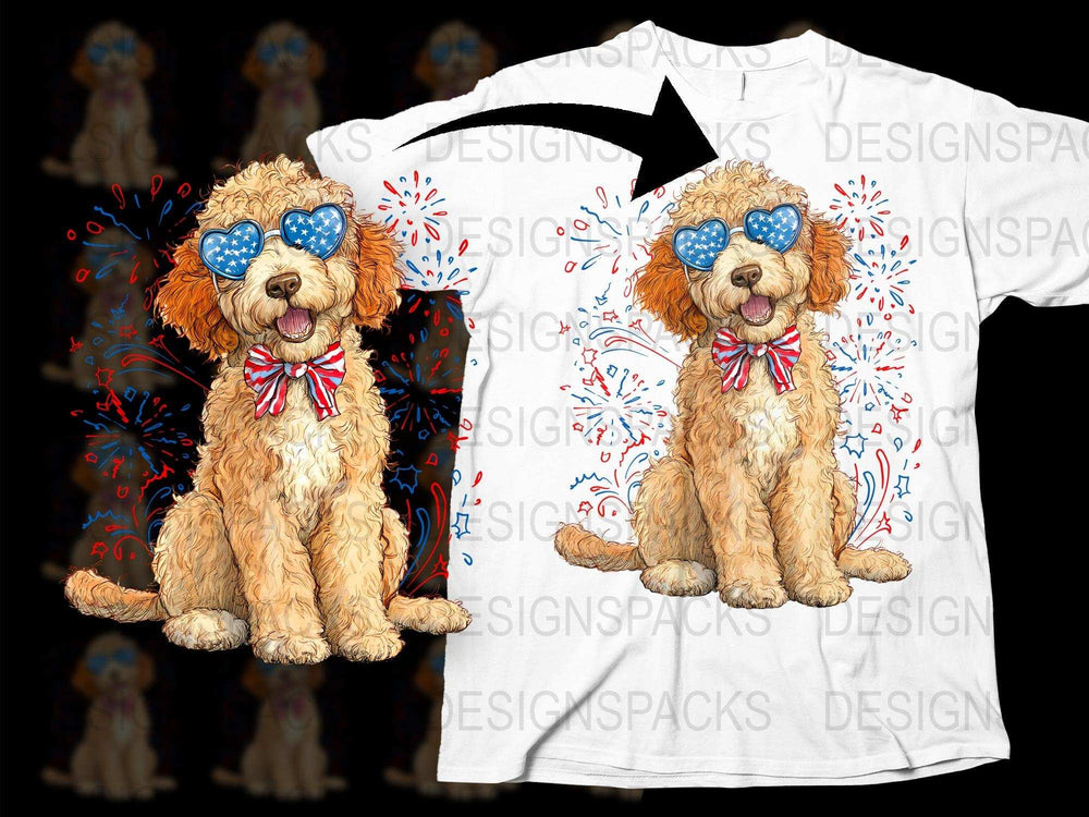 Patriotic Dog T-Shirt, Cute Labradoodle with Sunglasses and Bow, 4th of July Apparel, Unisex Clothing