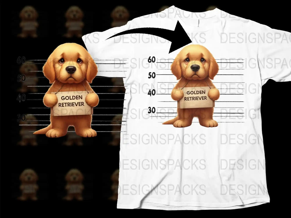 Cute Golden Retriever Puppy T-Shirt, Funny Dog Mugshot Design, Unisex White Tee