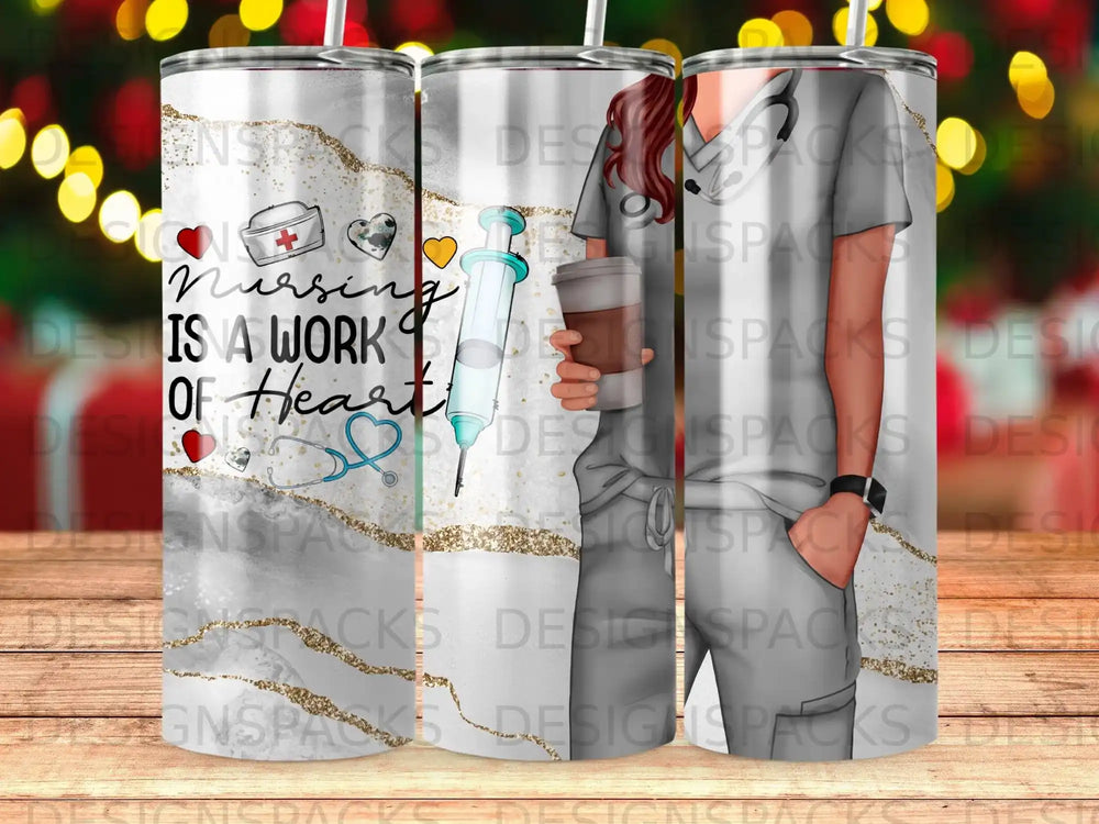 Two tumblers featuring a stethoscope heart and "Nursing Is A Work Of Heart" text.