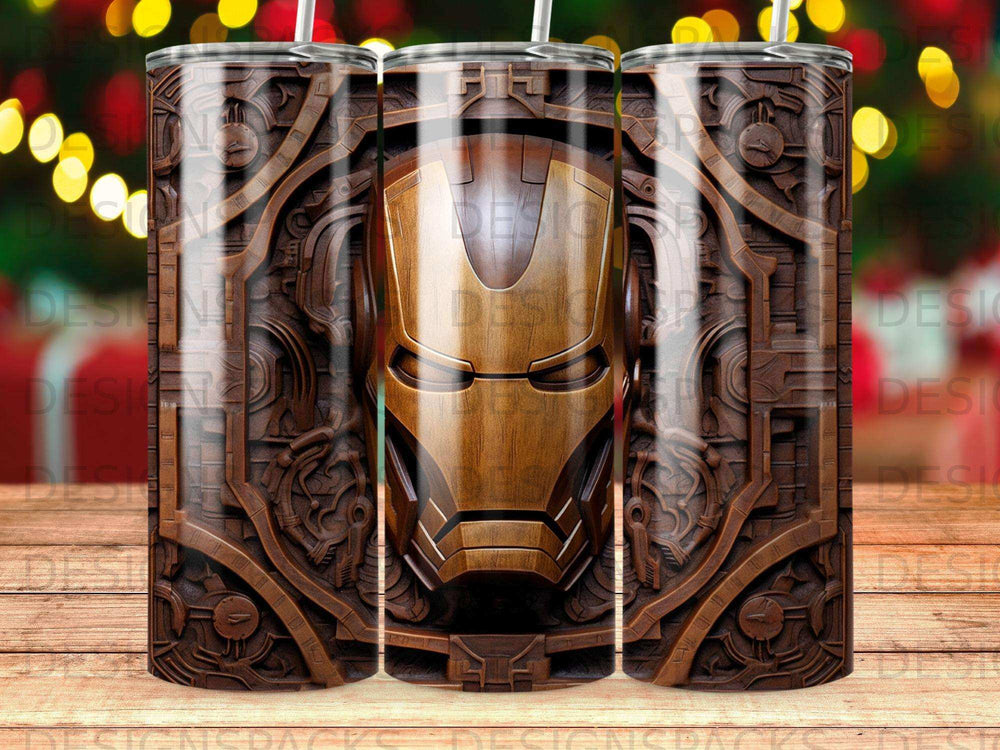 Iron Man mask on a textured, metallic tumbler.