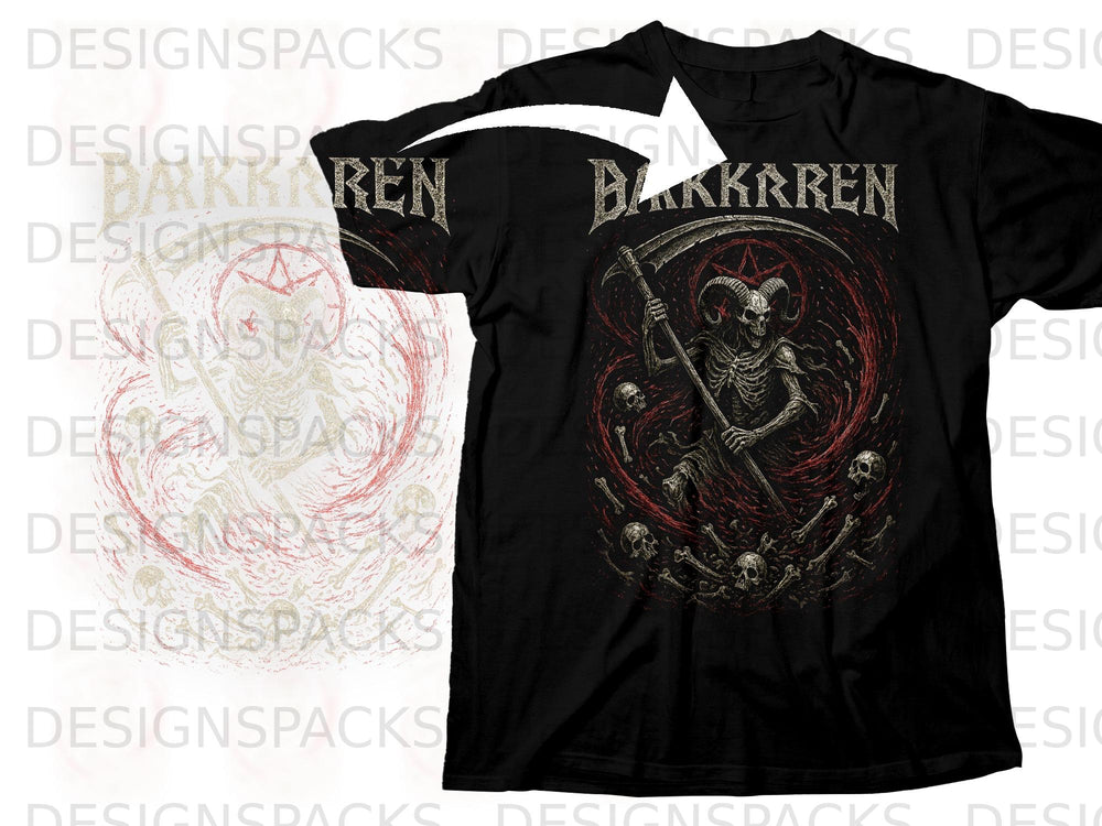 Black t-shirt with a grim reaper skeleton, skulls, and the word "BAKKARREN".