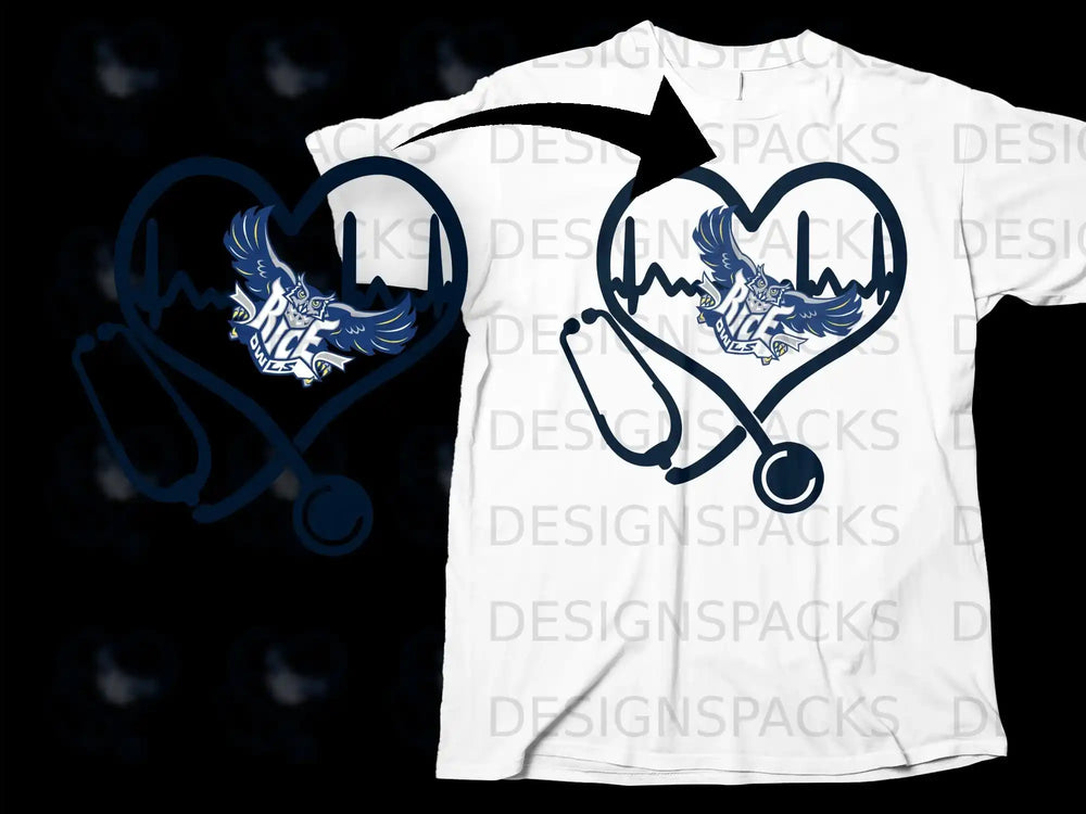 Rice Owls Heartbeat Stethoscope Design T-Shirt