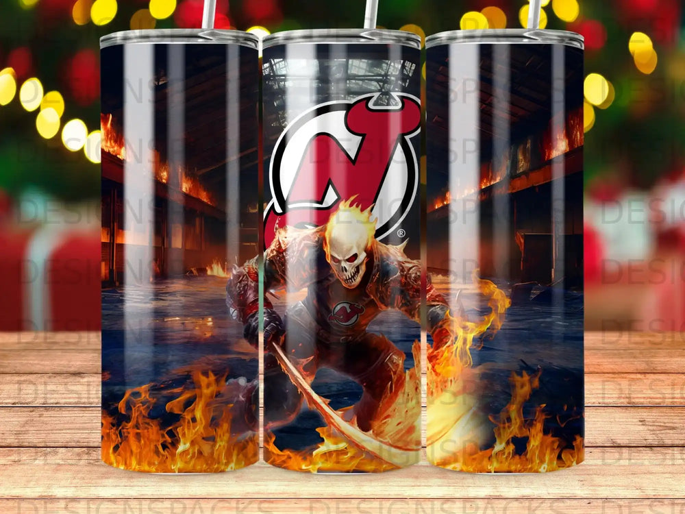 New Jersey Devils mascot with flames and a scythe, on a tumbler.
