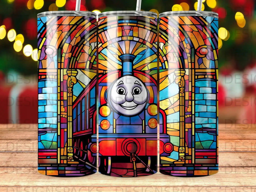 Stained glass Thomas the Tank Engine with archway background.