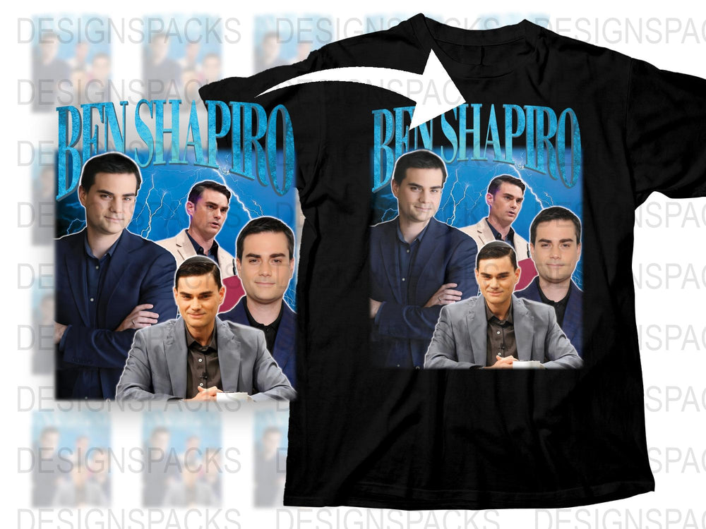Ben Shapiro Themed T-Shirt, Political Commentator Fan Merch, Unisex Cotton Tee, Multiple Images Design, Blue Background