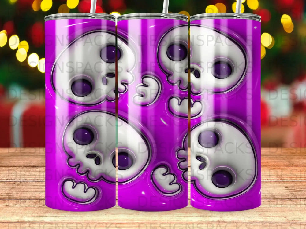 Purple striped tumbler with cartoon skulls and spooky glow.