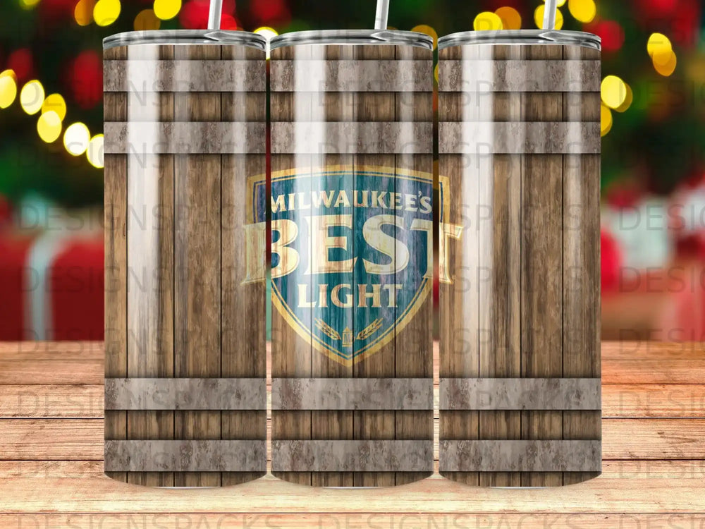 Milwaukee's Best Light beer logo on a wooden barrel tumbler.