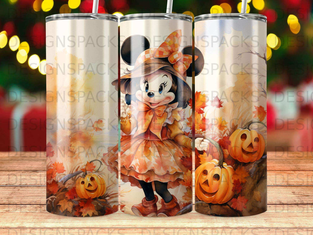 Minnie Mouse in autumn attire holding a pumpkin.