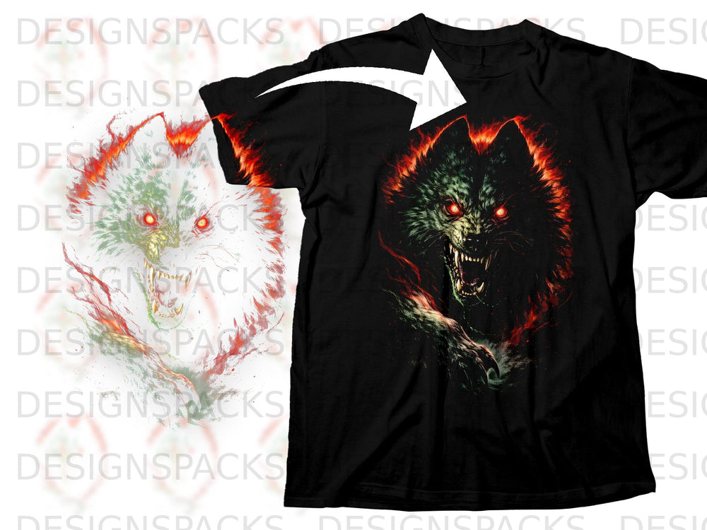 Black t-shirt with a snarling wolf graphic with red eyes and flames.