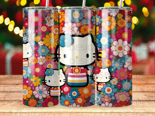 Hello Kitty on a colorful floral tumbler with red and white stripes.