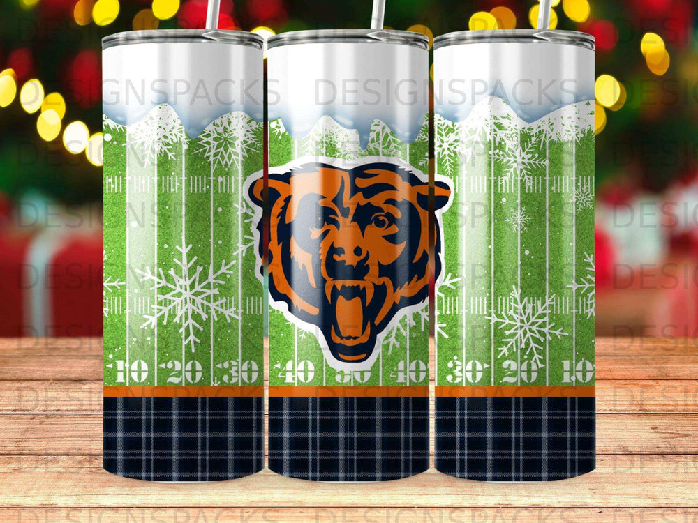 Chicago Bears logo on a plaid and snowflake-patterned tumbler.