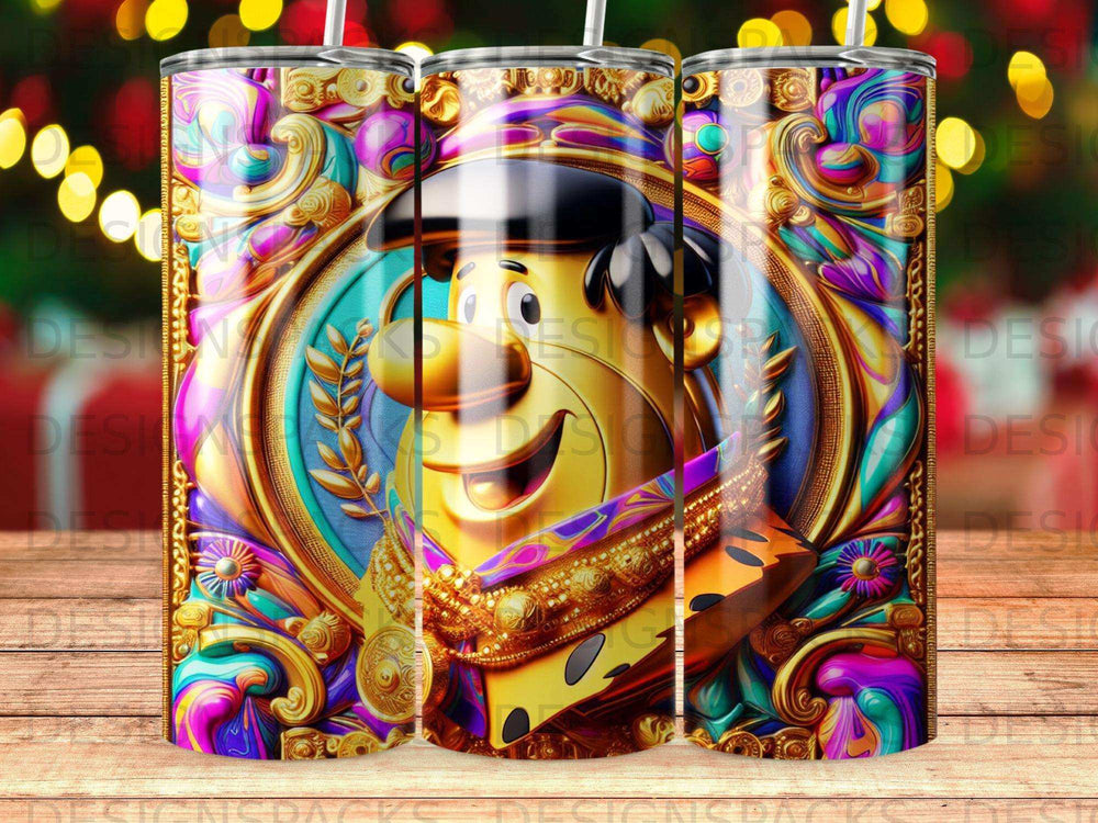 Fred Flintstone in ornate golden frame with colorful decorative border.