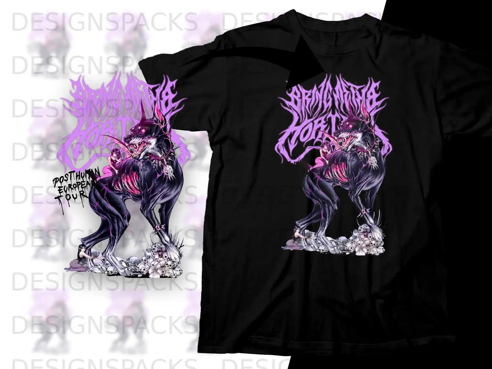 Black t-shirt featuring a skeletal creature with purple accents and European tour text.