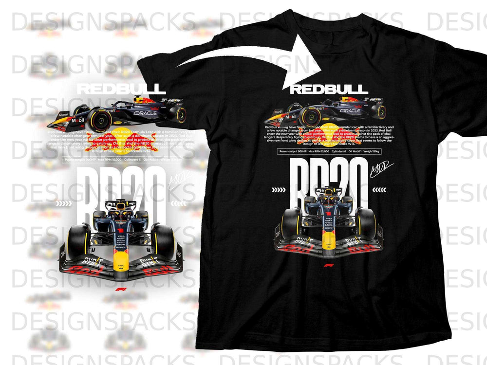 Red Bull RB20 Formula 1 car on black t-shirt with technical specifications.