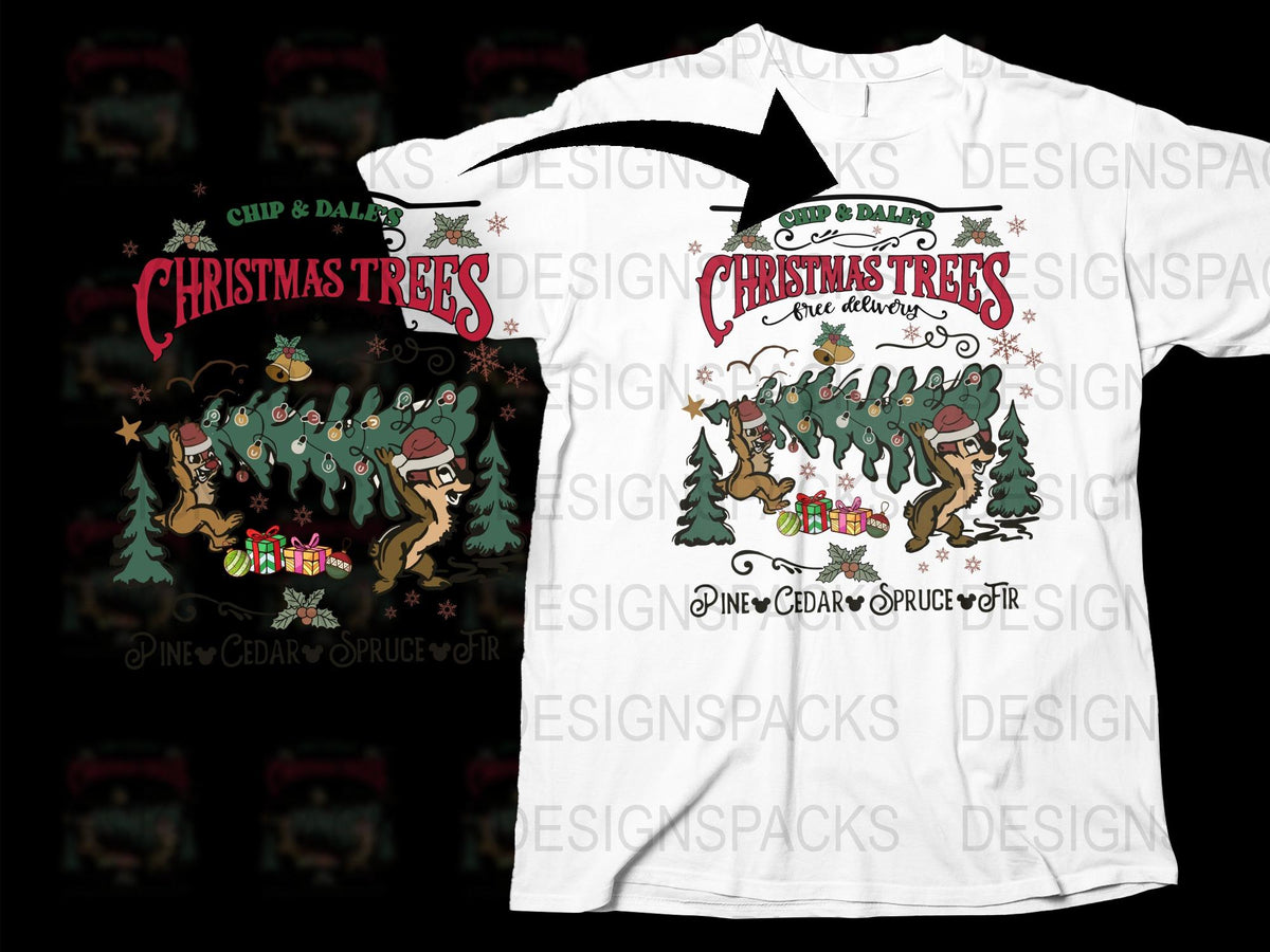 Chip and Dale Christmas Trees T-Shirt, Cute Holiday Disney Tee, Unisex Kids and Adult Sizes