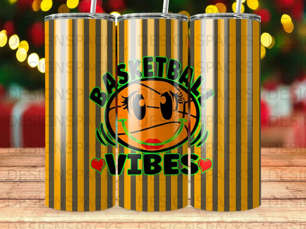 Basketball vibes tumbler with smiling face and yellow stripes.